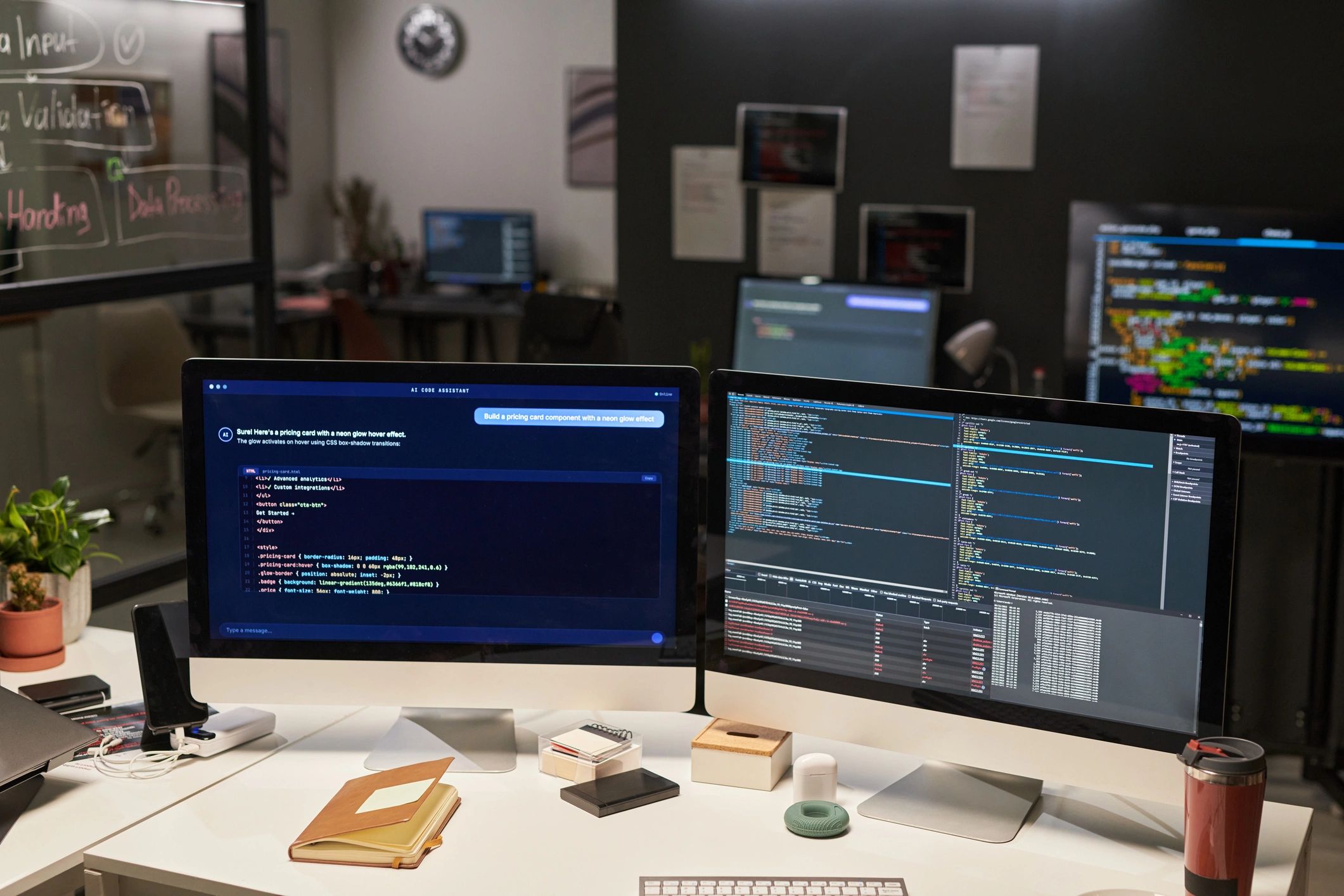 Developer workstation displaying software dashboards and coding tools
