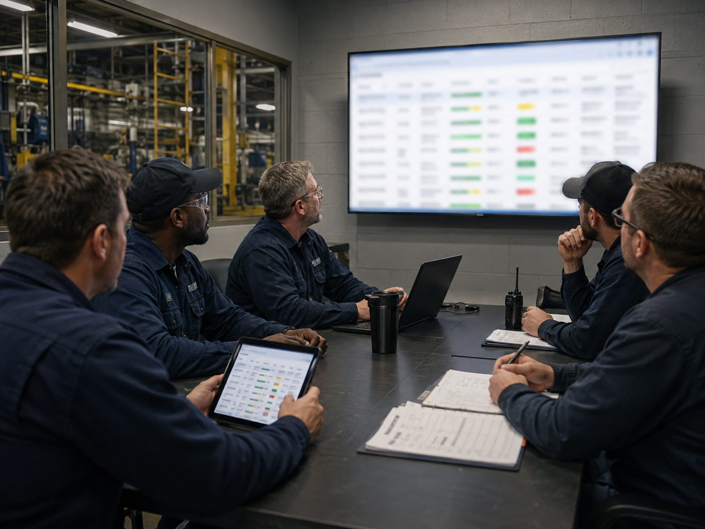 Supervisors reviewing current jobs during a shift meeting