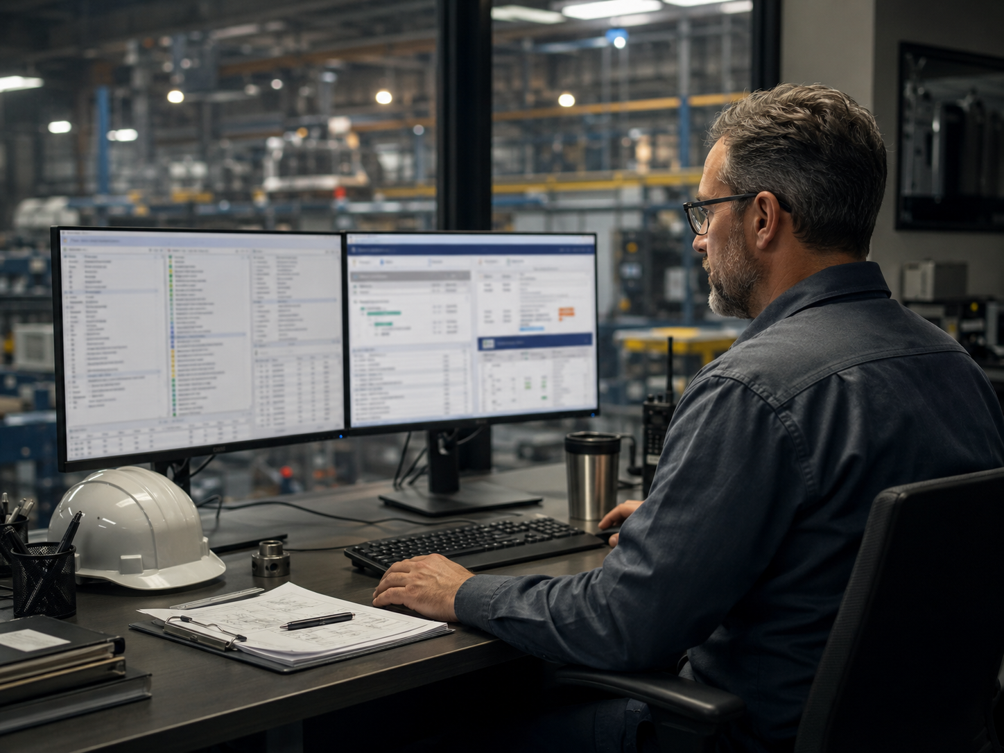Planner monitoring job updates from an industrial office