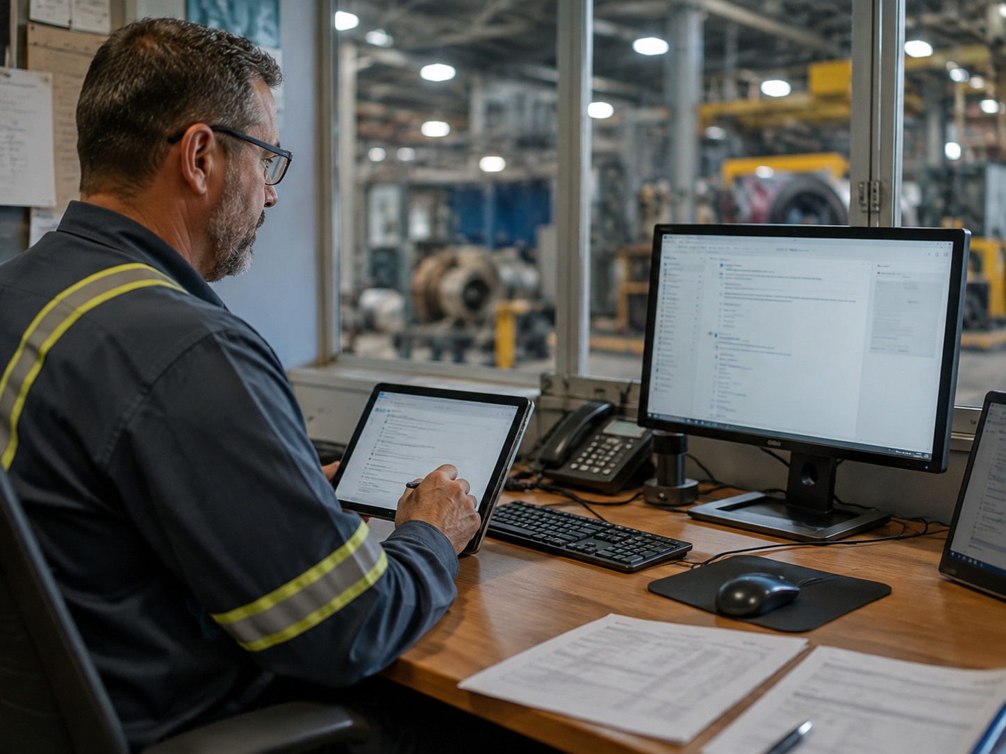 Industrial supervisor reviewing closeout information