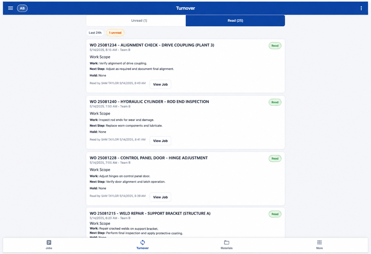 MCAM Workflow Turnover — History software screen