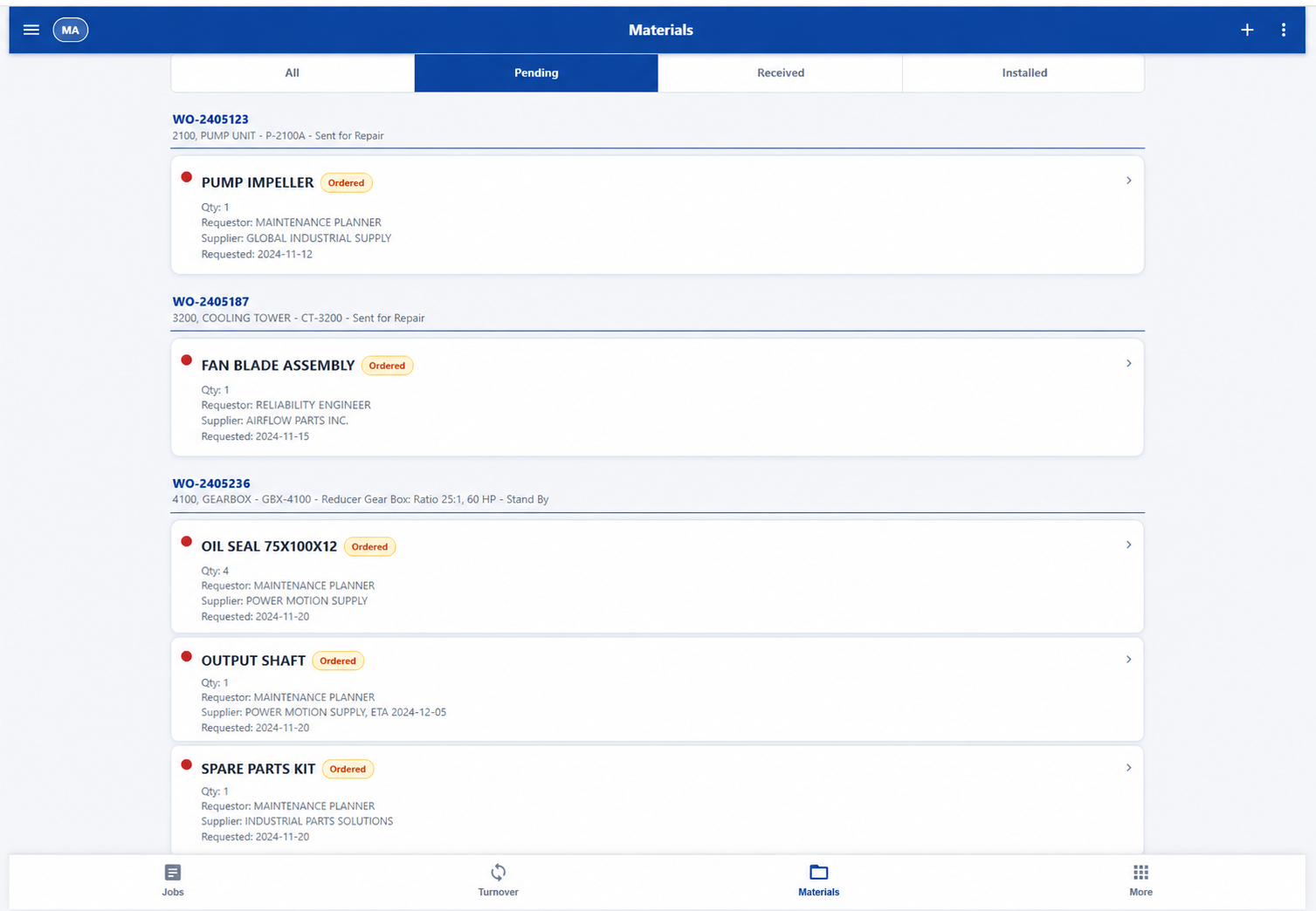 Materials Pending software screen