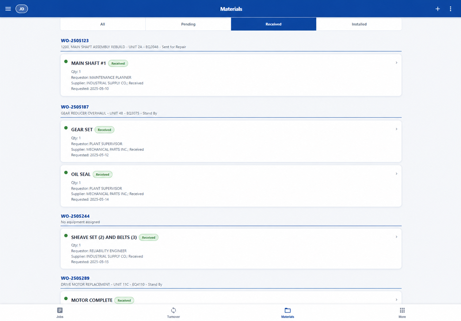 MCAM Workflow Materials — Received software screen