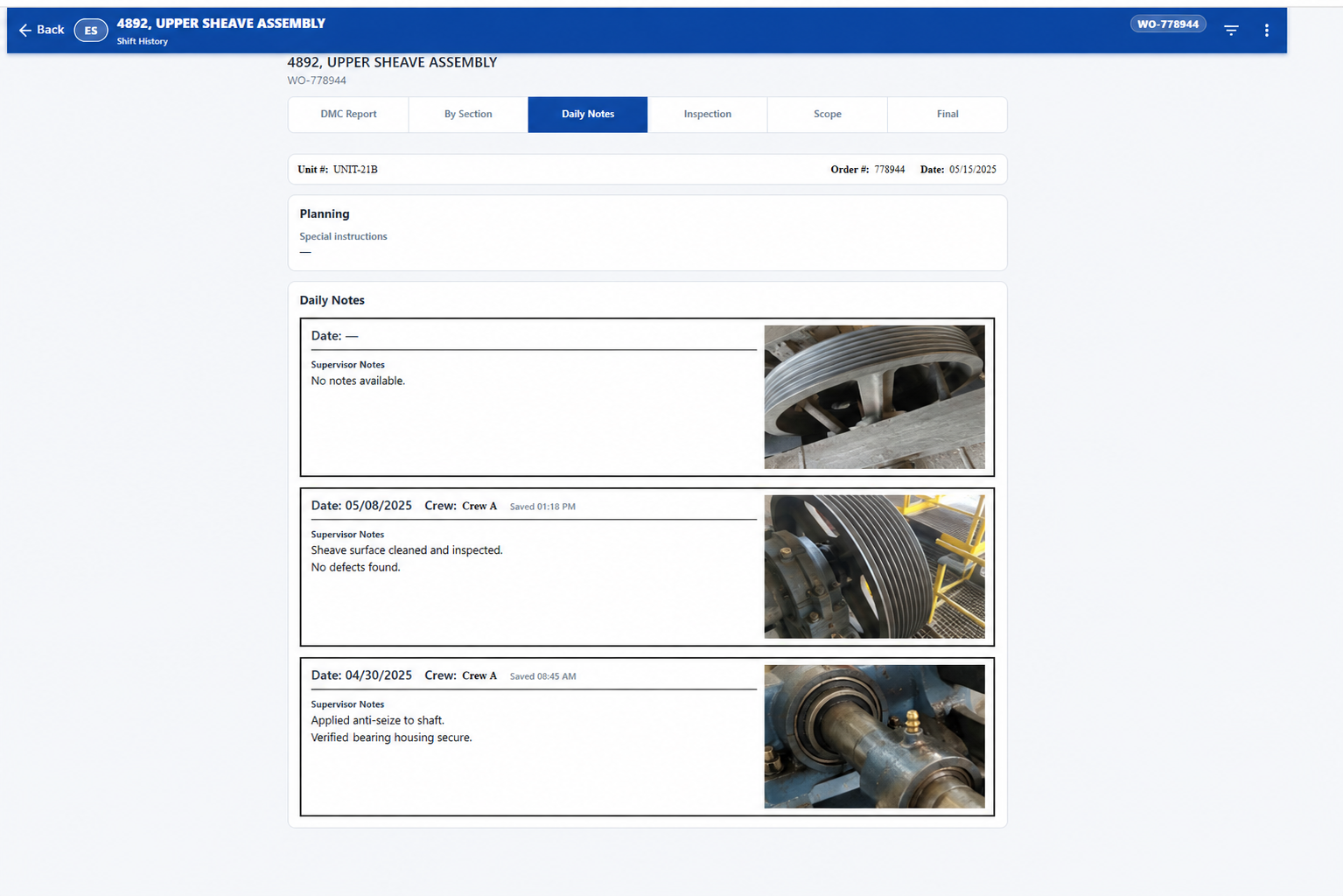 MCAM Workflow Daily Notes software screen