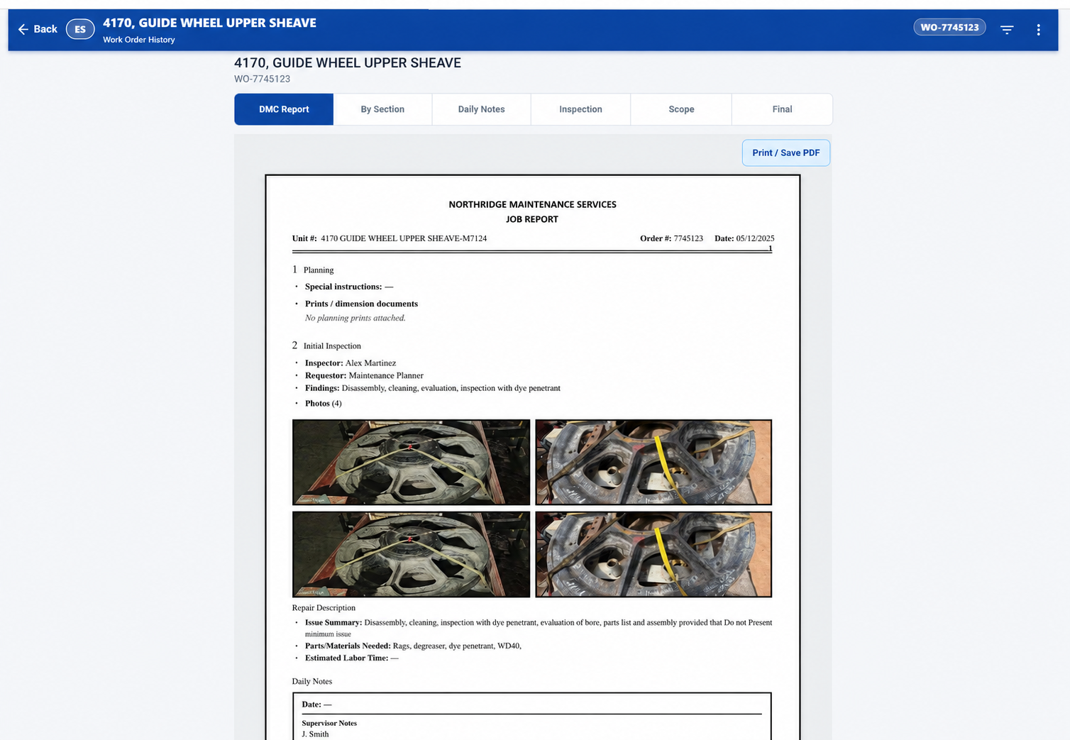 MCAM Workflow Job Report software screen